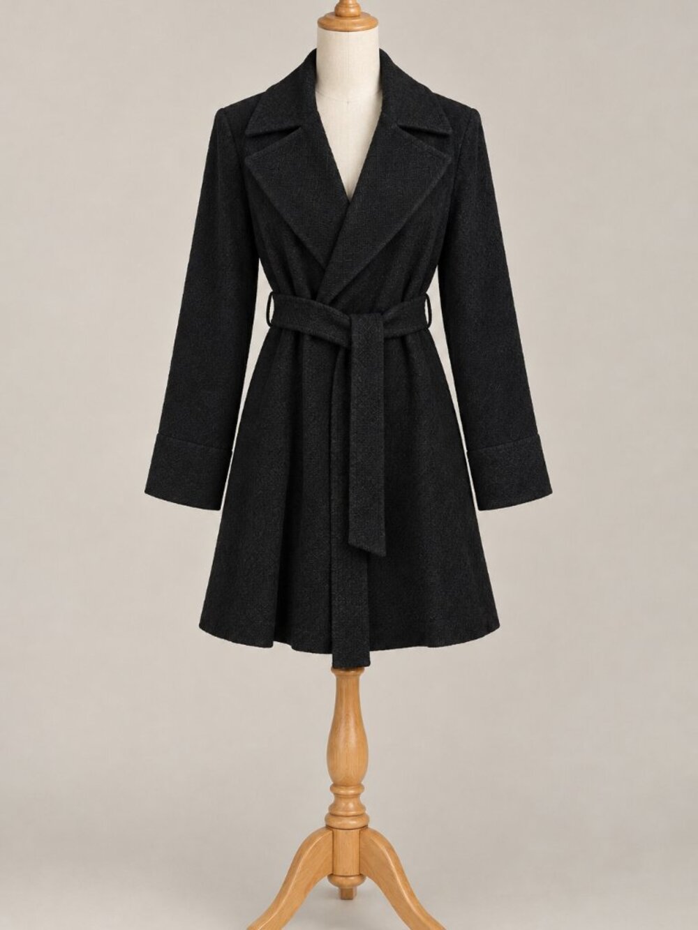 Jockey Black Tie-Waist Wrap Peacoat - mid length long sleeve trench coat
